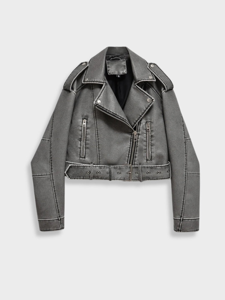 Charle | Dames Leren Jas | Vintage Grijs Vegan Imitatieleer Short jacket Esto Moda