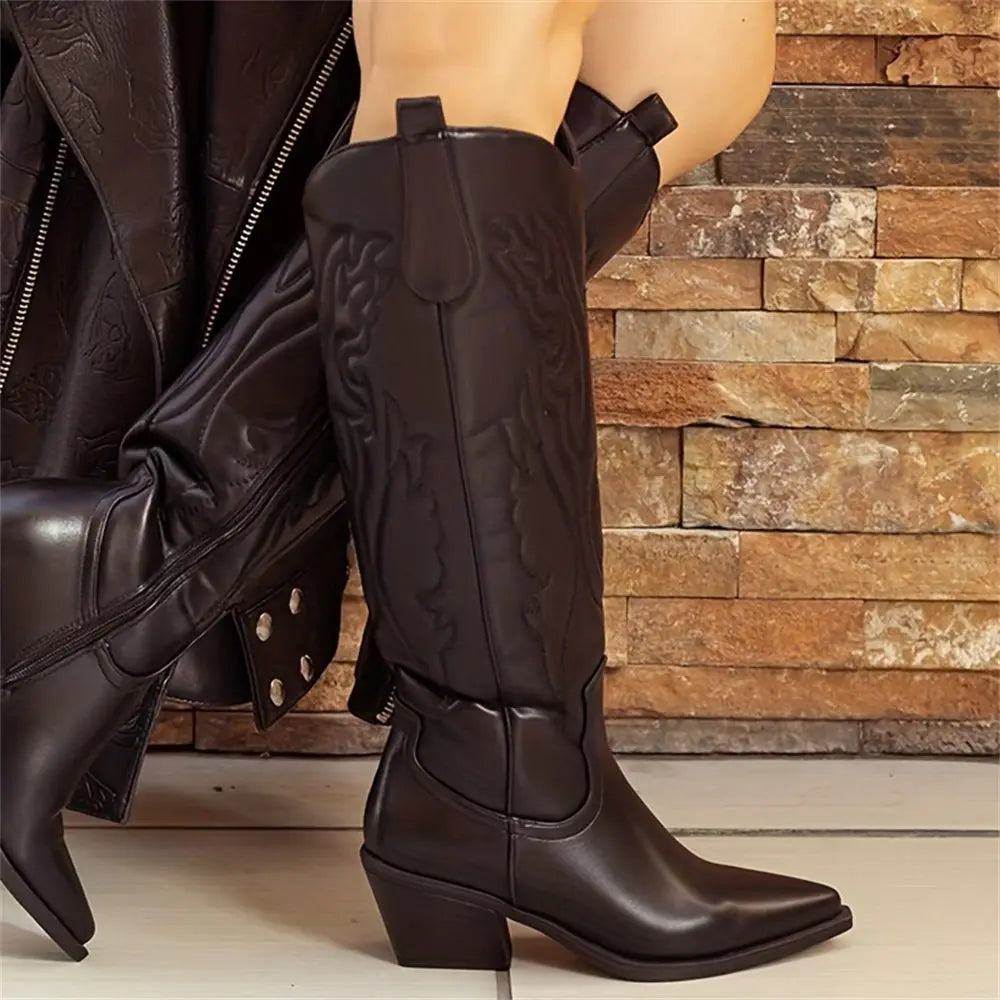 Dieke | Dameslaarzen Zwart in Western Stijl | Kniehoog Kunstleer Boots Esto Moda