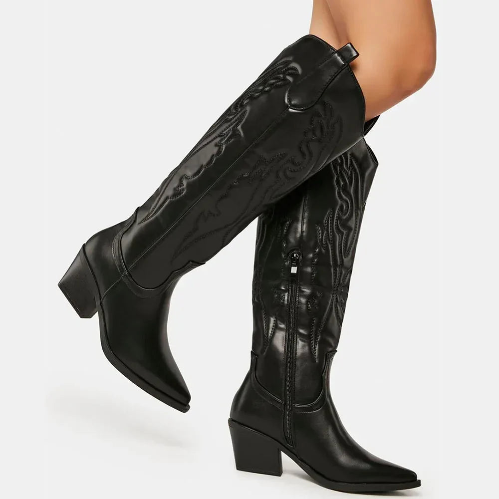Dieke | Dameslaarzen Zwart in Western Stijl | Kniehoog Kunstleer Boots Esto Moda