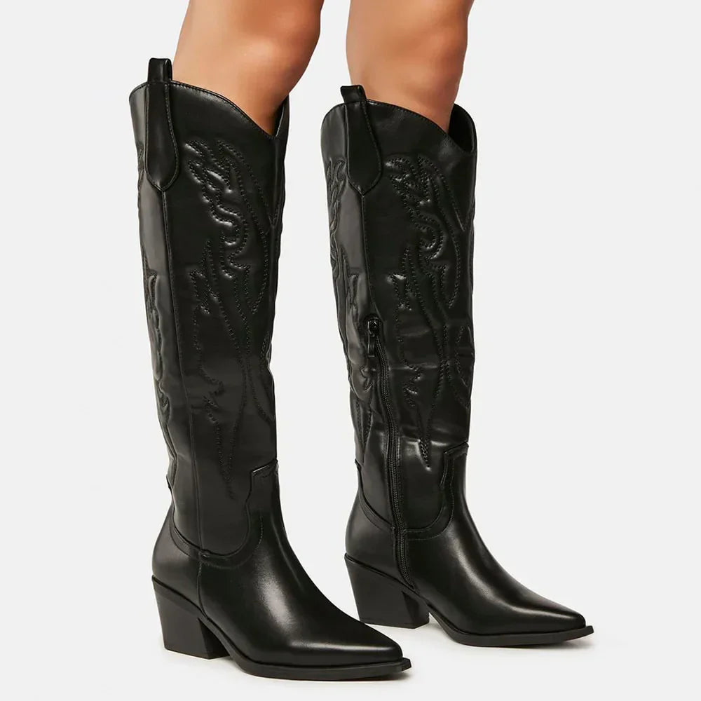 Dieke | Dameslaarzen Zwart in Western Stijl | Kniehoog Kunstleer Boots Esto Moda
