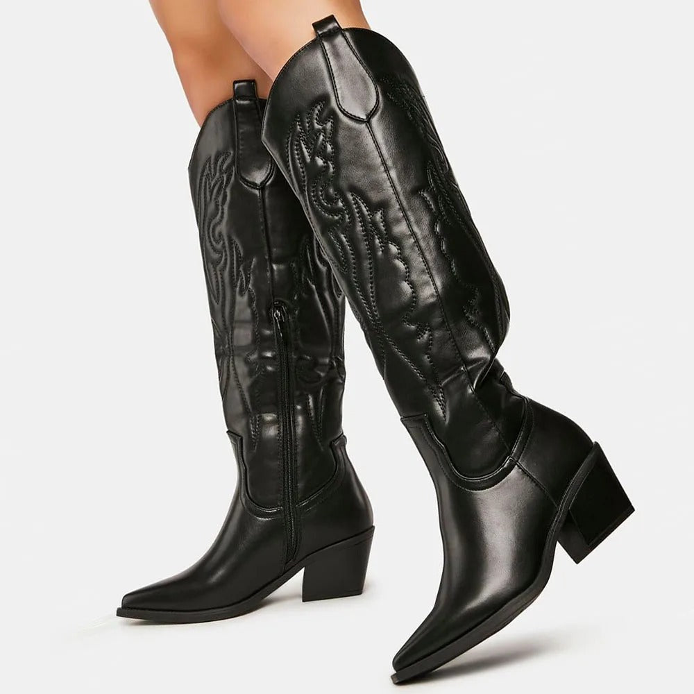 Dieke | Dameslaarzen Zwart in Western Stijl | Kniehoog Kunstleer Boots Esto Moda