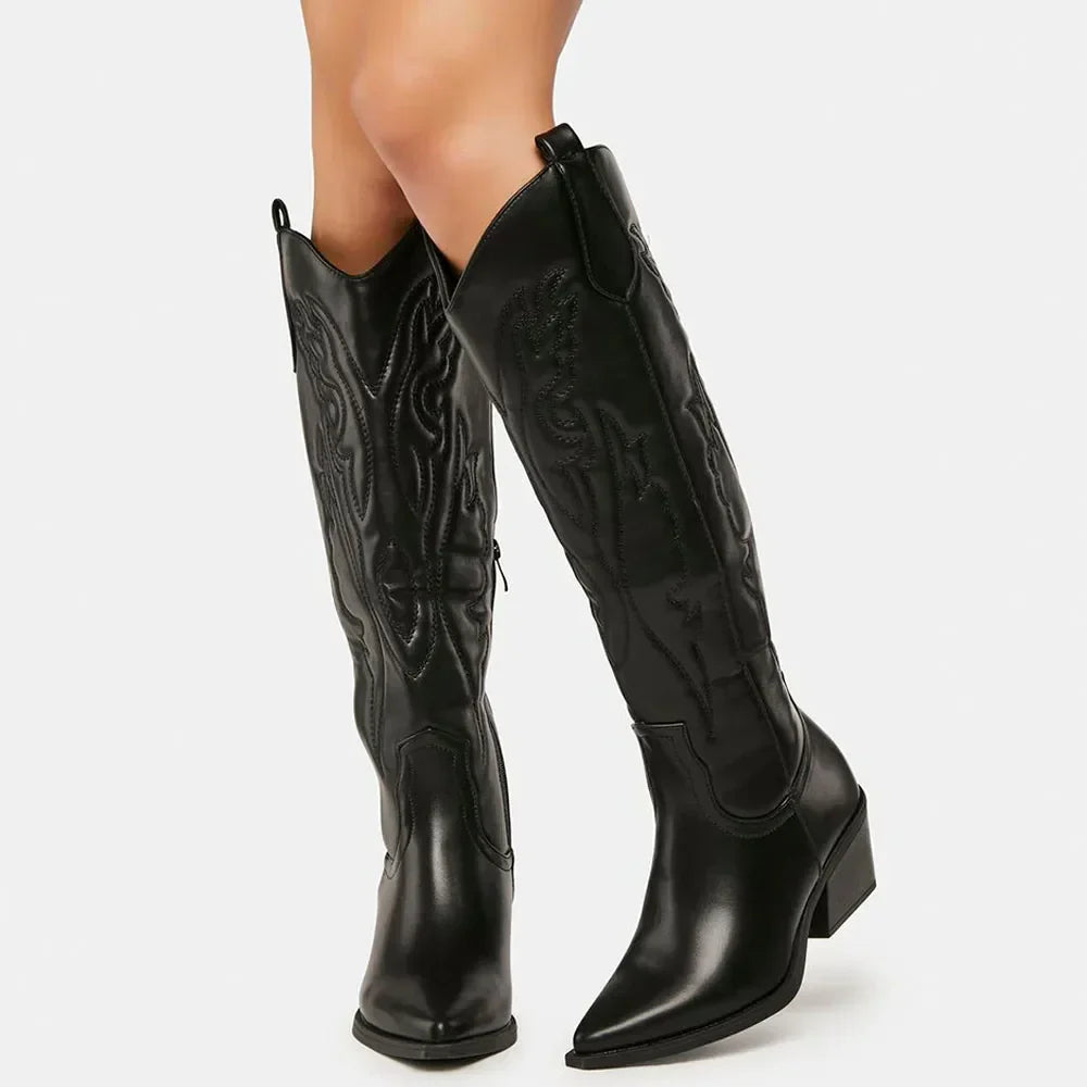 Dieke | Dameslaarzen Zwart in Western Stijl | Kniehoog Kunstleer Boots Esto Moda