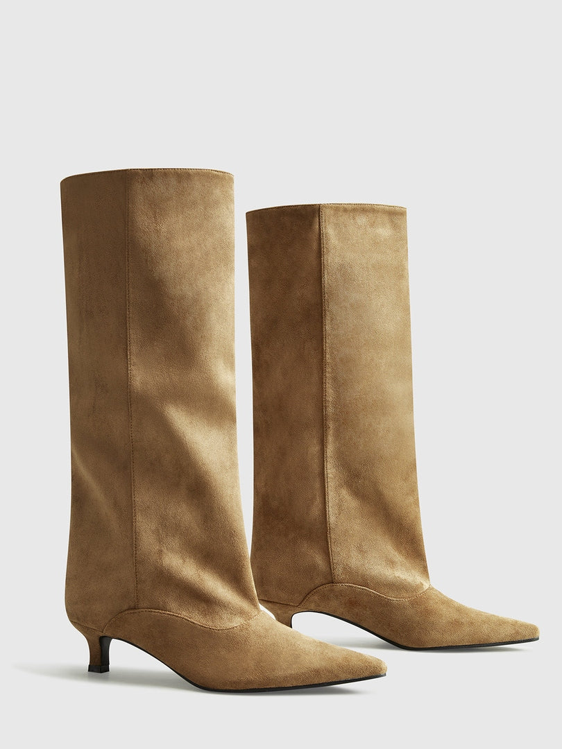 Dunyana | Dameslaarzen Zwart | Suede Kniehoge Laarzen met Kitten Hak Boots Esto Moda