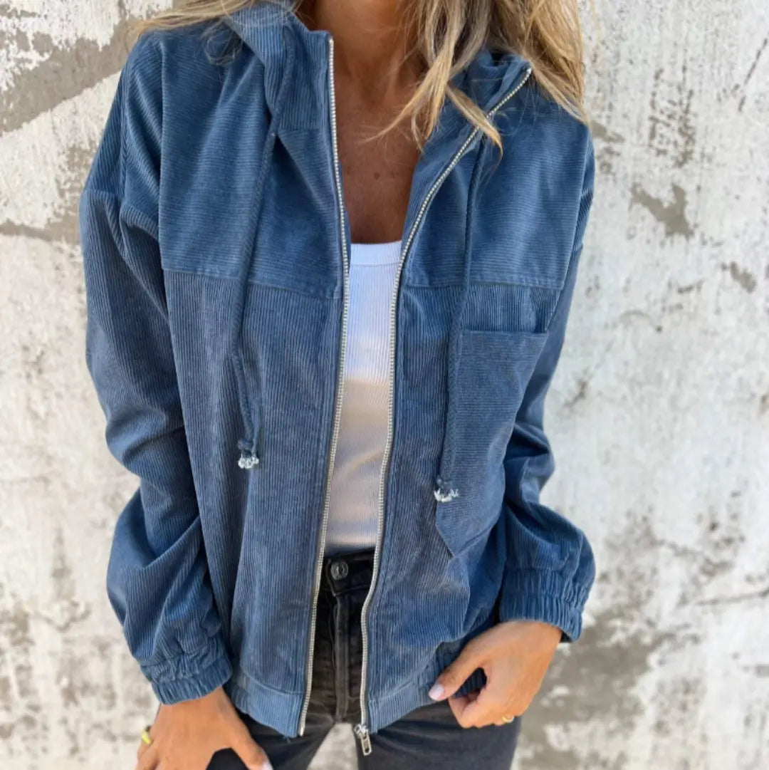 Elise | Dames Retro Corduroy Jas | Met Rits en Capuchon , Jacket , Blauw , Esto Moda