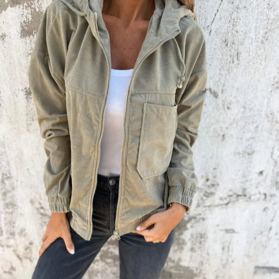 Elise | Dames Retro Corduroy Jas | Met Rits en Capuchon , Jacket , Groen , Esto Moda