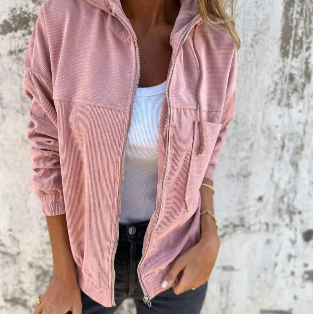 Elise | Dames Retro Corduroy Jas | Met Rits en Capuchon , Jacket , Roze , Esto Moda