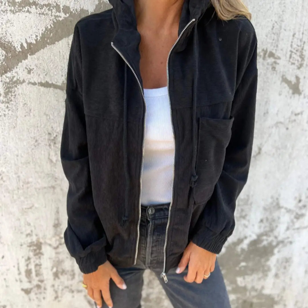 Elise | Dames Retro Corduroy Jas | Met Rits en Capuchon , Jacket , Zwart , Esto Moda