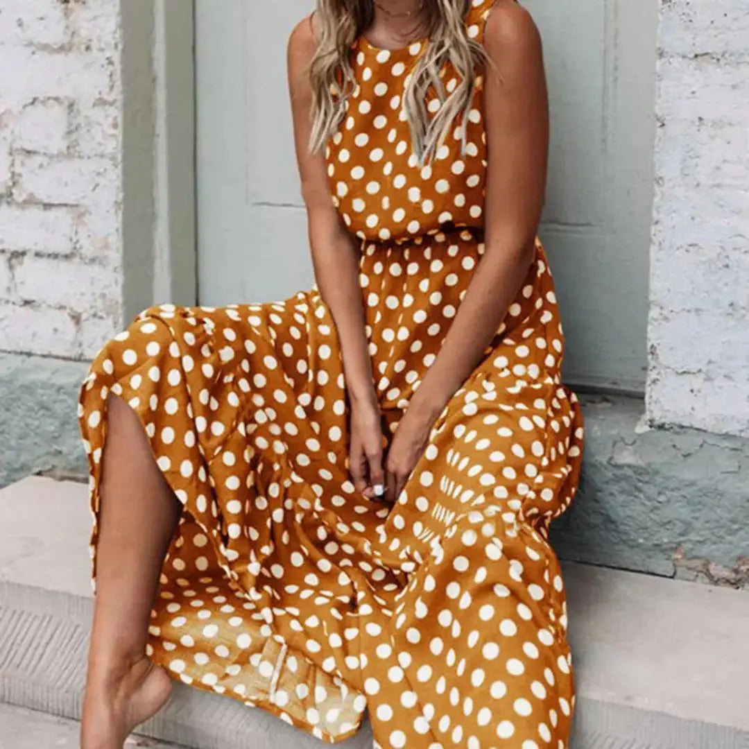 Julia | Dames Polka Dot Maxi Jurk | Mouwloos en Vloeiend , Damesjurken , Geel , Esto Moda