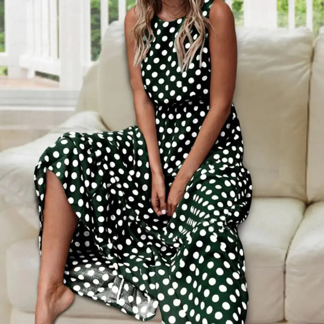 Julia | Dames Polka Dot Maxi Jurk | Mouwloos en Vloeiend , Damesjurken , Groen , Esto Moda