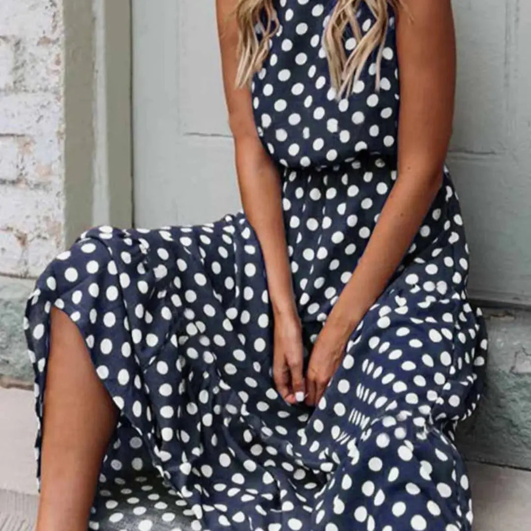 Julia | Dames Polka Dot Maxi Jurk | Mouwloos en Vloeiend , Damesjurken , Marineblauw , Esto Moda