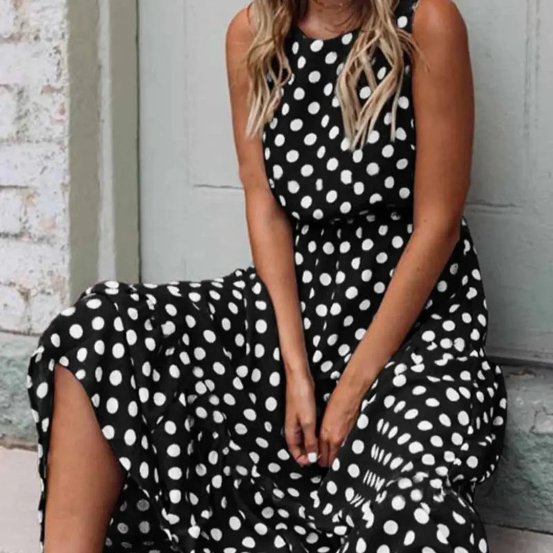 Julia | Dames Polka Dot Maxi Jurk | Mouwloos en Vloeiend , Damesjurken , Zwart , Esto Moda