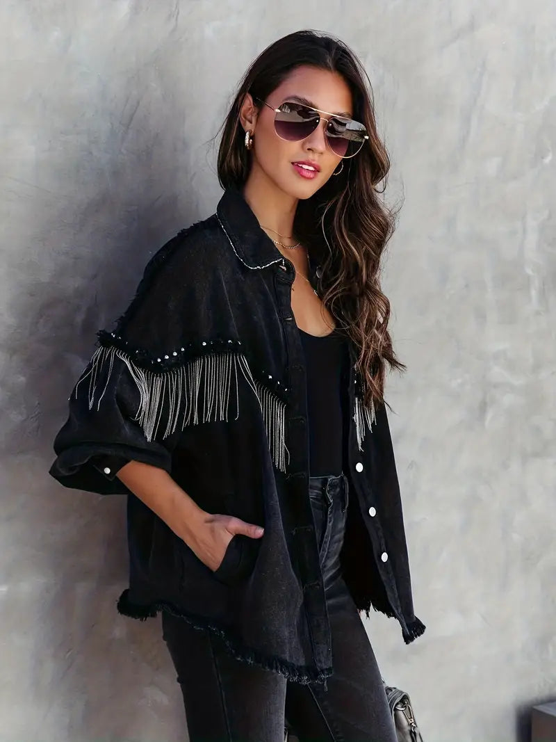 Mint | Dames Lang Spijkerjack | Boho Met Franjes en Studs Short jacket Esto Moda