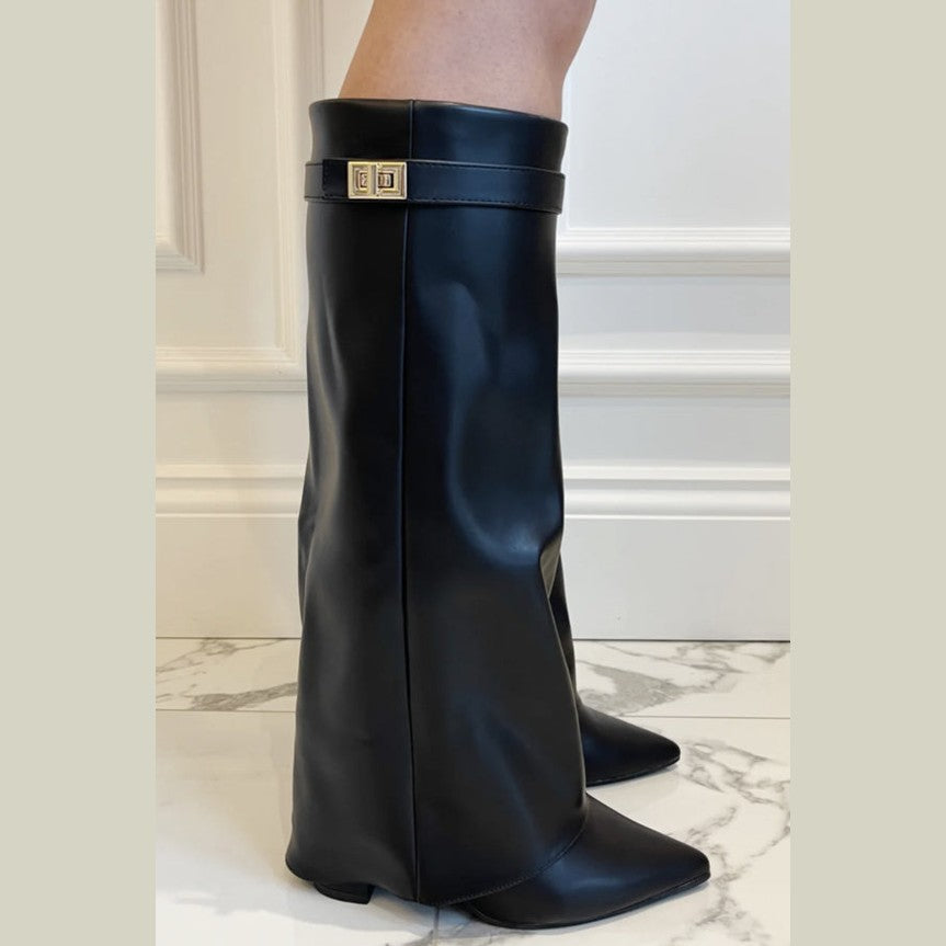 Zohra | Dames Zwarte Hoge Laarzen Met Hak | Luxe Blokhak Boots Esto Moda