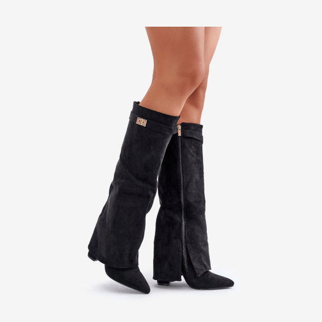 Zohra | Dames Zwarte Hoge Laarzen Met Hak | Luxe Blokhak Boots Esto Moda