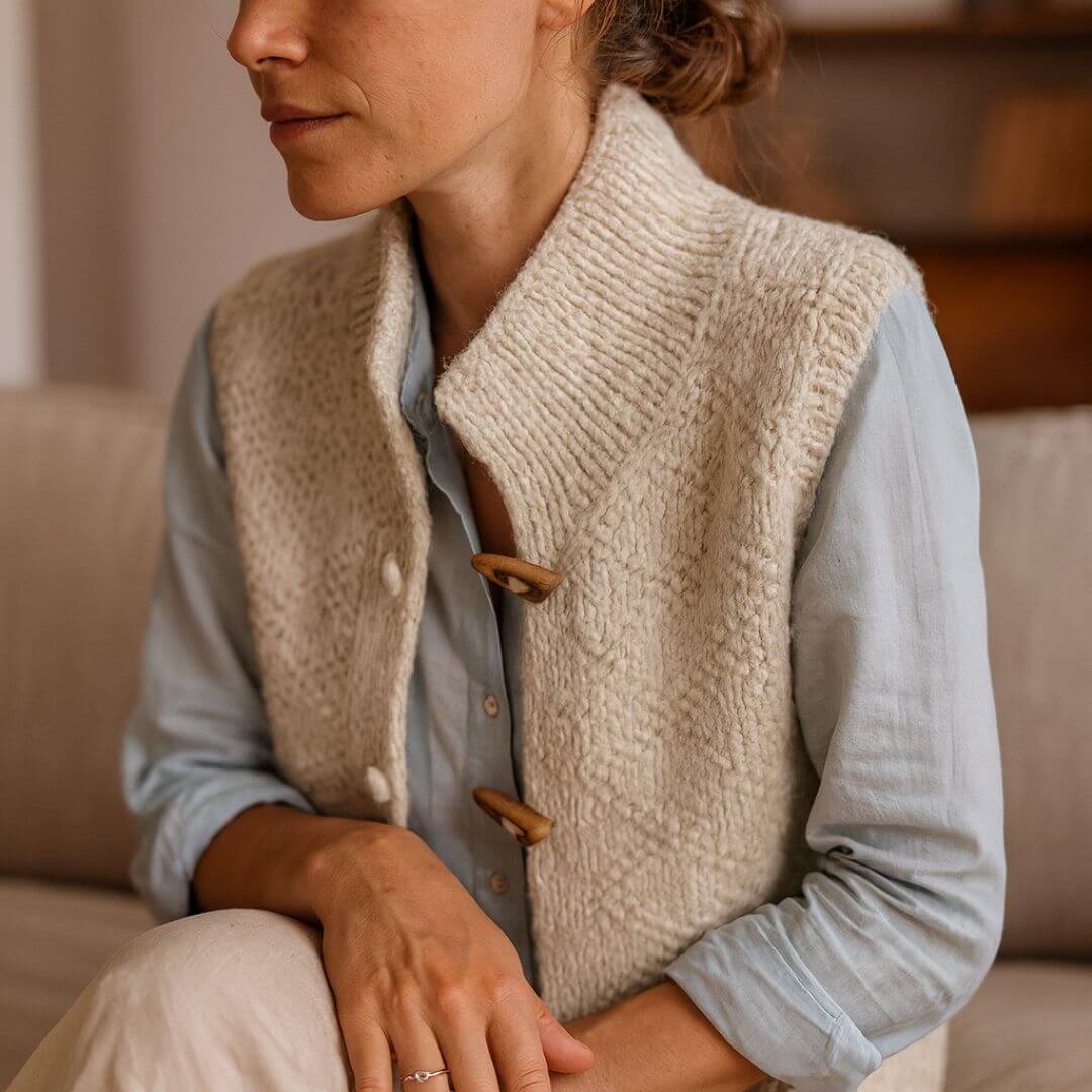 Annelies gebreide vest dames, mouwloos vestje gedragen in lifestyle setting