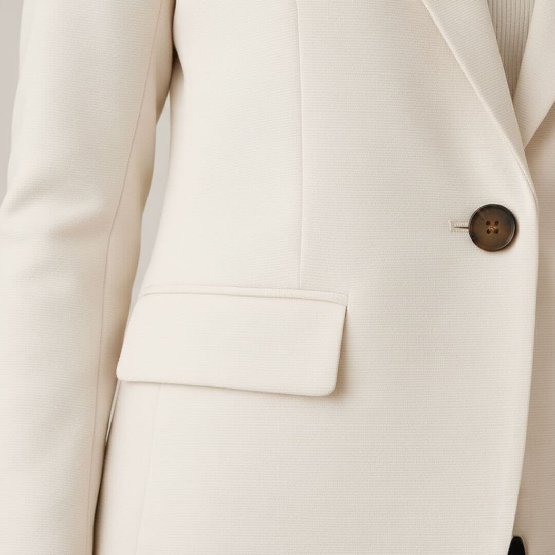 Anouk blazer dames in beige, close-up detail van getailleerd blazer jasje