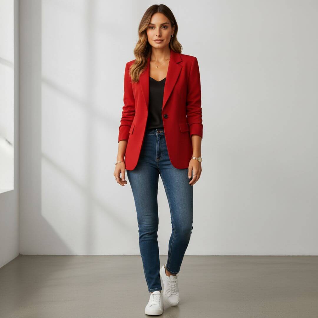 Anouk blazer dames in rood, getailleerd blazer jasje gedragen in lifestyle setting