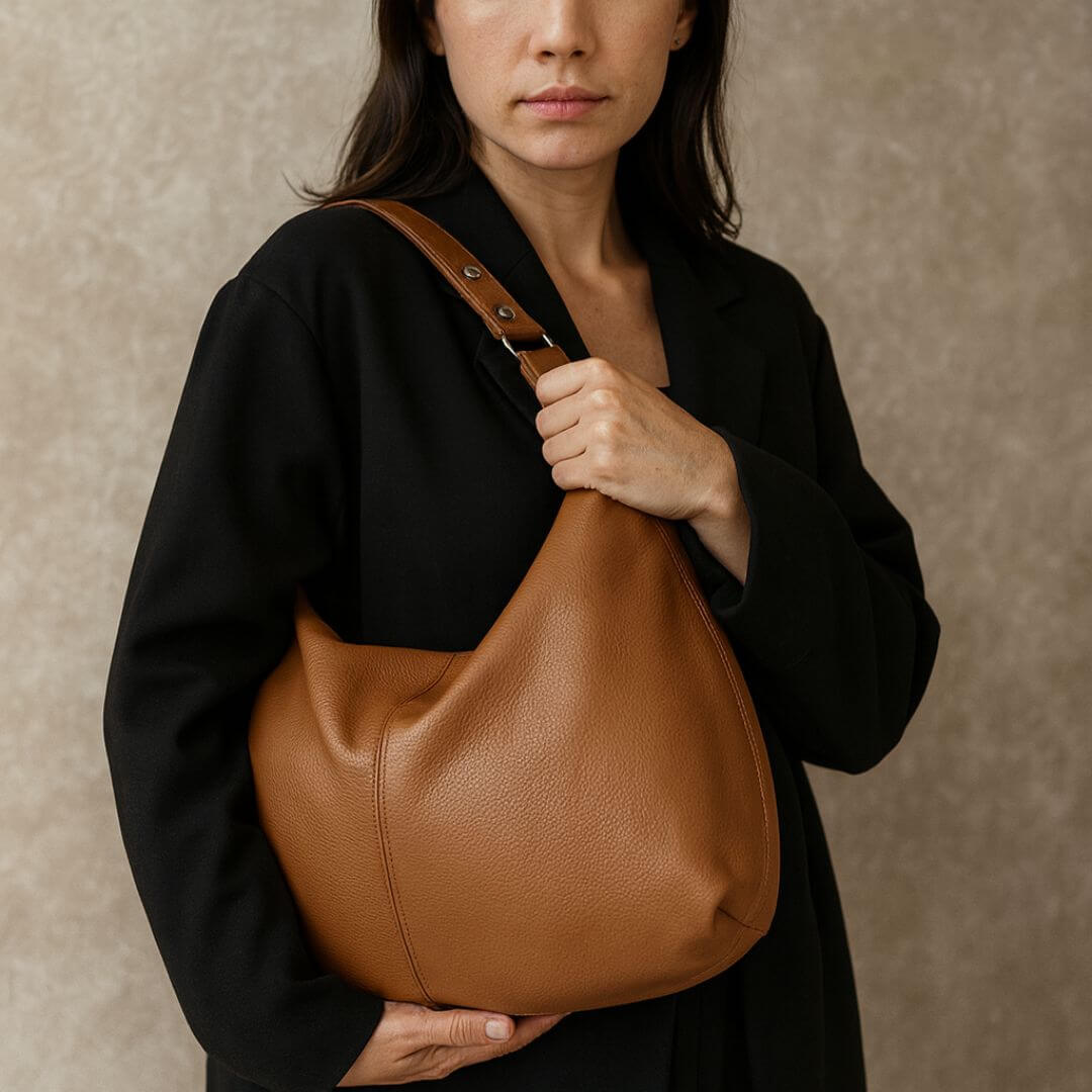 Chantal vegan leren tas, stijlvolle schoudertas dames in bruin, lifestyle voorkant