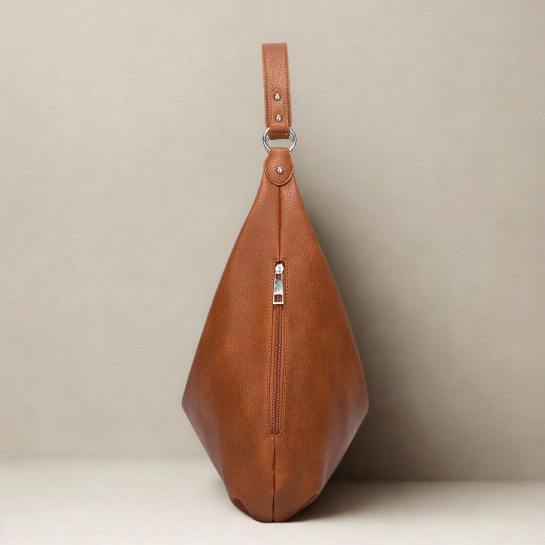 Chantal vegan leren tas, bruine schoudertas dames met rits detail, zijkant
