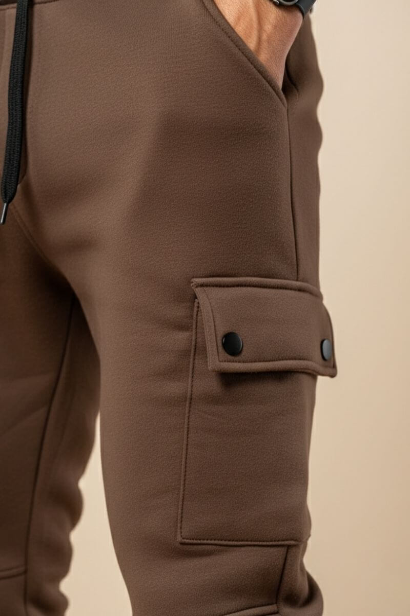 Close-up van de bruine Tom joggingbroek heren met zichtbare stofstructuur en sweatpants-kwaliteit