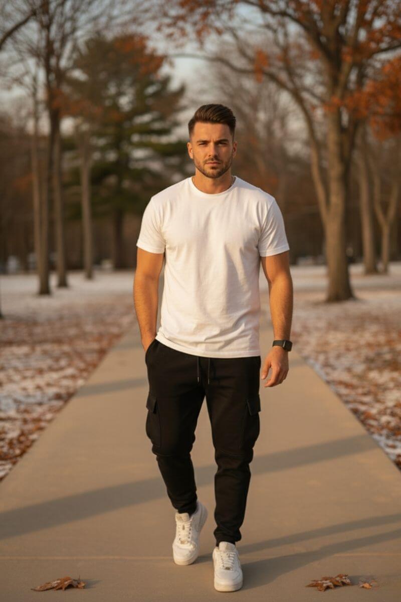 Zwarte Tom joggingbroek heren gedragen buiten, een comfortabele sweatpants met sportieve look