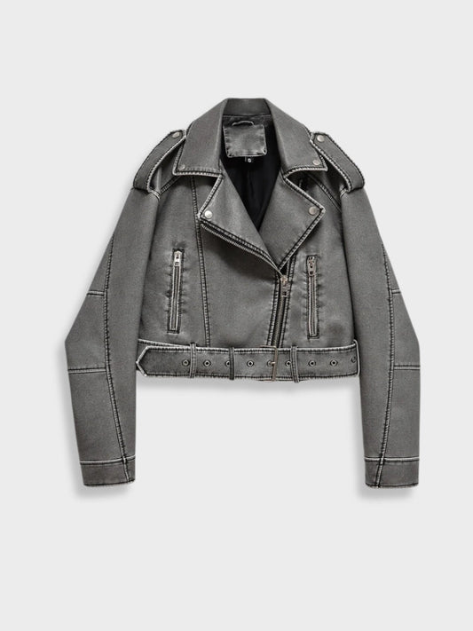 Charle | Dames Leren Jas | Vintage Grijs Vegan Imitatieleer Short jacket Esto Moda