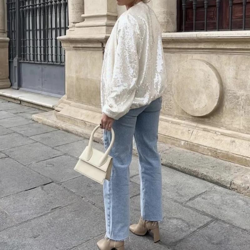 Cinzia | Dames Beige Pailletten Bomberjack | Luxe en Comfortabel Short jacket Esto Moda