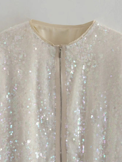 Cinzia | Dames Beige Pailletten Bomberjack | Luxe en Comfortabel Short jacket Esto Moda