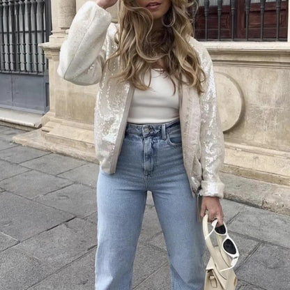 Cinzia | Dames Beige Pailletten Bomberjack | Luxe en Comfortabel Short jacket Esto Moda