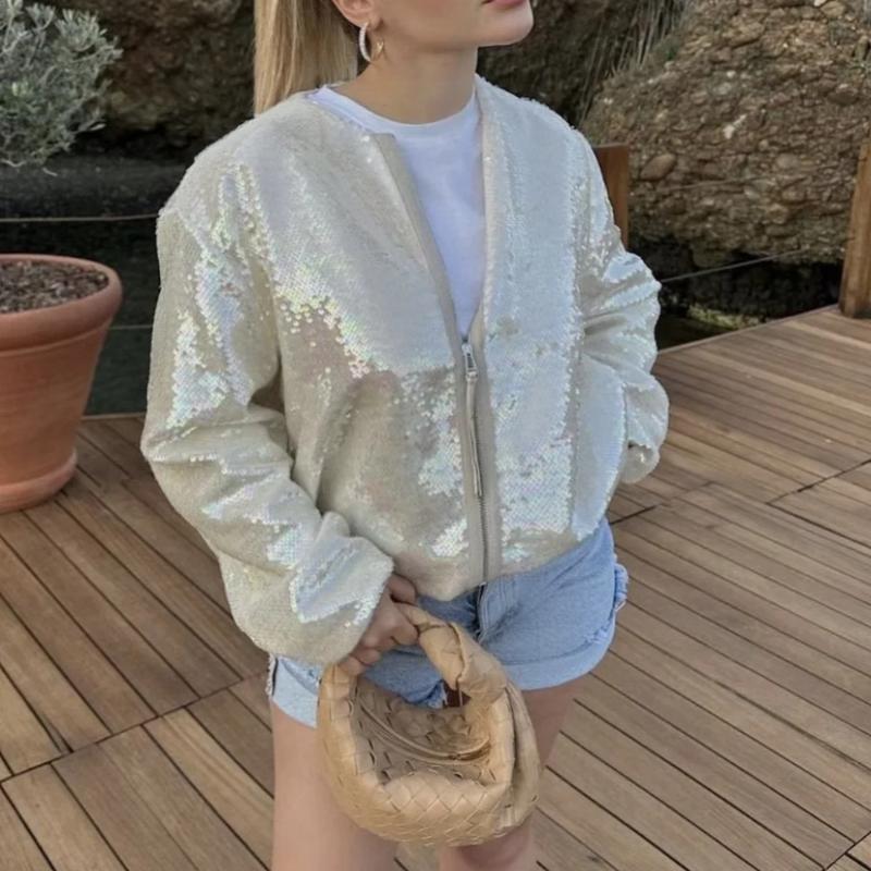 Cinzia | Dames Beige Pailletten Bomberjack | Luxe en Comfortabel Short jacket Esto Moda