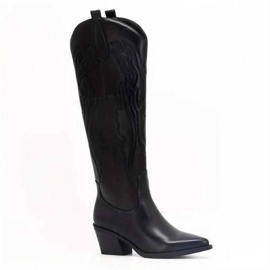 Dieke | Dameslaarzen Zwart in Western Stijl | Kniehoog Kunstleer Boots Esto Moda