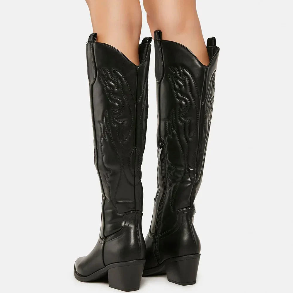 Dieke | Dameslaarzen Zwart in Western Stijl | Kniehoog Kunstleer Boots Esto Moda