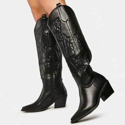 Dieke | Dameslaarzen Zwart in Western Stijl | Kniehoog Kunstleer Boots Esto Moda