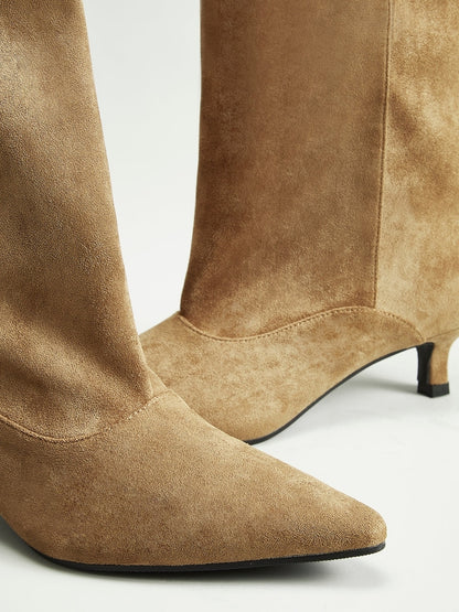Dunyana | Dameslaarzen Zwart | Suede Kniehoge Laarzen met Kitten Hak Boots Esto Moda