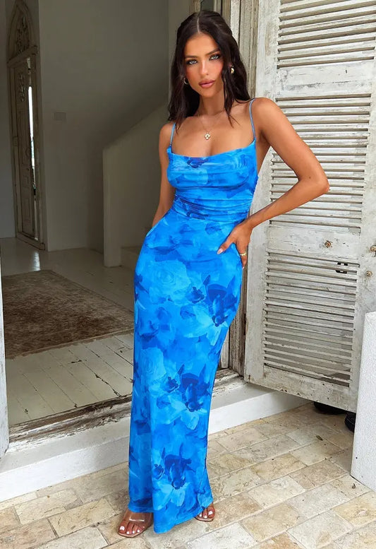 Elise | Dames Elegante Bloemen Maxi Jurk | Lange Zomerjurk , Maxi dress , Blauw , Esto Moda