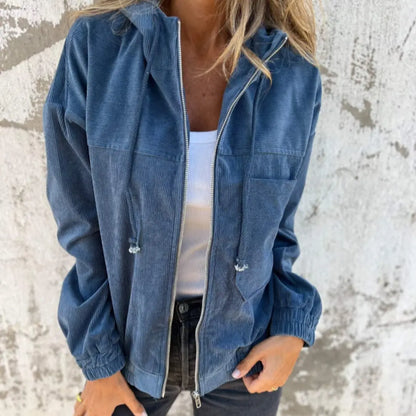 Elise | Dames Retro Corduroy Jas | Met Rits en Capuchon , Jacket , Blauw , Esto Moda