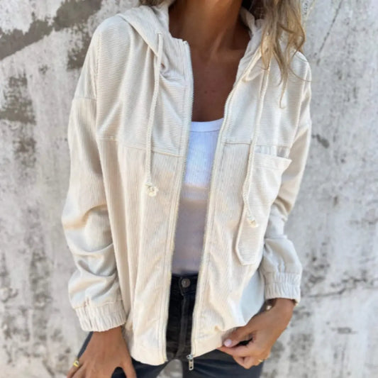 Elise | Dames Retro Corduroy Jas | Met Rits en Capuchon , Jacket , Wit , Esto Moda