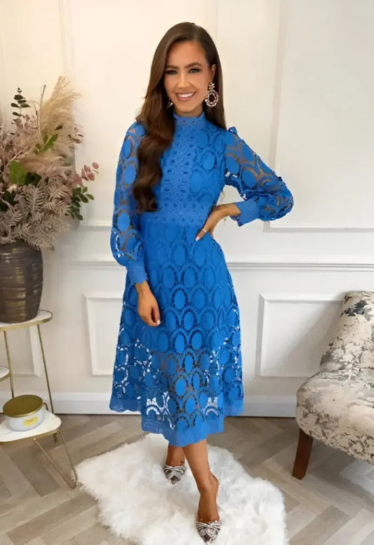 Elise | Vrouwen Elegante A-Lijn Maxi Jurk | Lange Jurk Dames met Kanten Details , Maxi dress , Blauw , Esto Moda