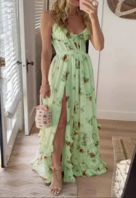 Elise | Vrouwen Elegante Bloemen Maxi Jurk | Lange Jurk Dames , Maxi dress , Groen , Esto Moda