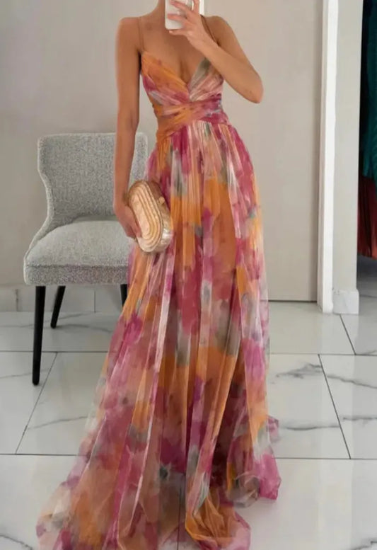 Elise | Vrouwen Elegante Maxi Jurk | Lange Bloemenprint voor Zomer , Maxi dress , Oranje , Esto Moda