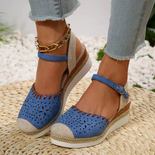 Emma | Dames Comfortabele Espadrilles Sleehak | Met Enkelband , Sandal , Blauw , Esto Moda
