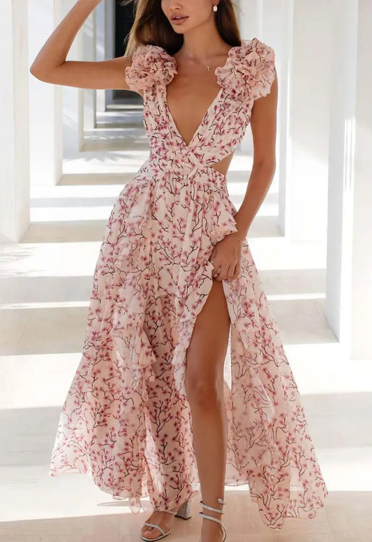 Julia | Dames Elegante Bloemen Maxi Jurk | Lange Zomerjurk met V-Hals , Maxi dress , Roze , Esto Moda