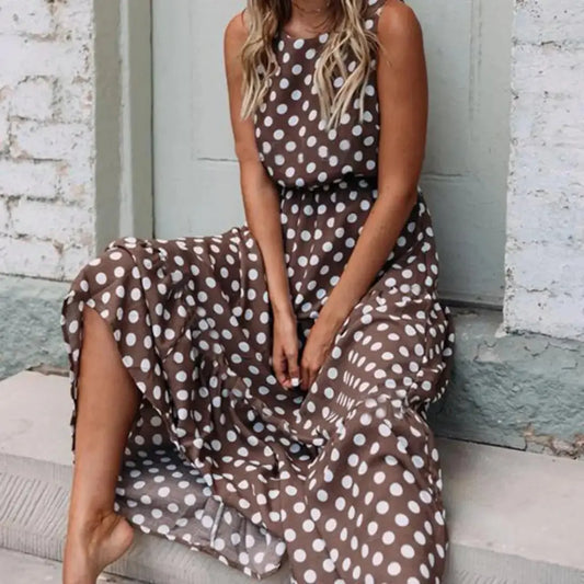 Julia | Dames Polka Dot Maxi Jurk | Mouwloos en Vloeiend , Damesjurken , Koffie , Esto Moda