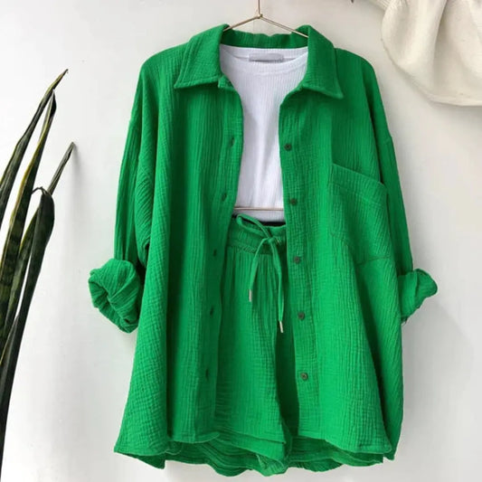 Liza | Vrouwen Comfortabele Tweedelige Korte Broek Set | Ontspannen Pasvorm , Two-piece set woman , Groen , Esto Moda