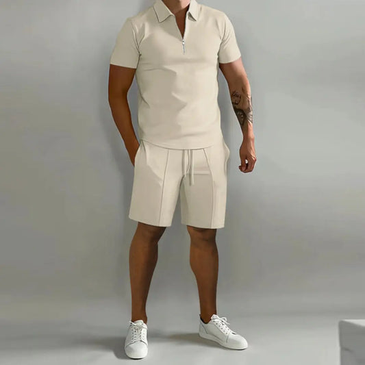 Mark | Mannen Zomer Rits Polo Shirt en Shorts Set | Ademend en Comfortabel , Two-piece set man , Khaki , Esto Moda