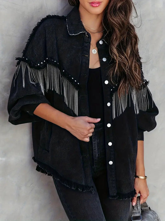 Mint | Dames Lang Spijkerjack | Boho Met Franjes en Studs Short jacket Esto Moda