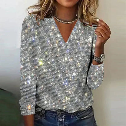 Sophie | Dames Glanzende V-Ausschnitt Pullover | Pailletten Decoratie Sweater Esto Moda