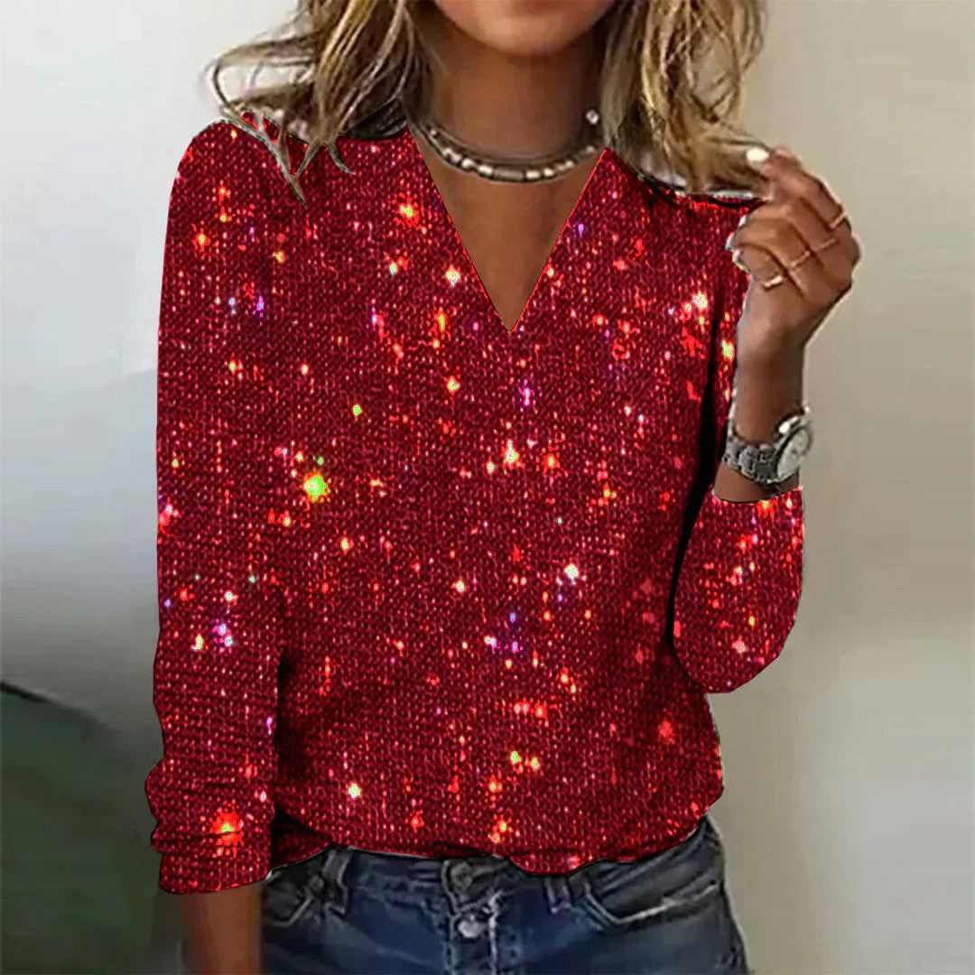 Sophie | Dames Glanzende V-Ausschnitt Pullover | Pailletten Decoratie Sweater Esto Moda