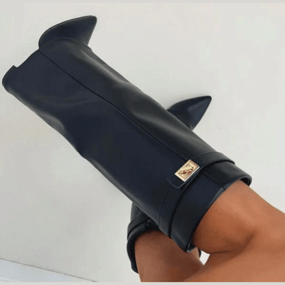 Zohra | Dames Zwarte Hoge Laarzen Met Hak | Luxe Blokhak Boots Esto Moda
