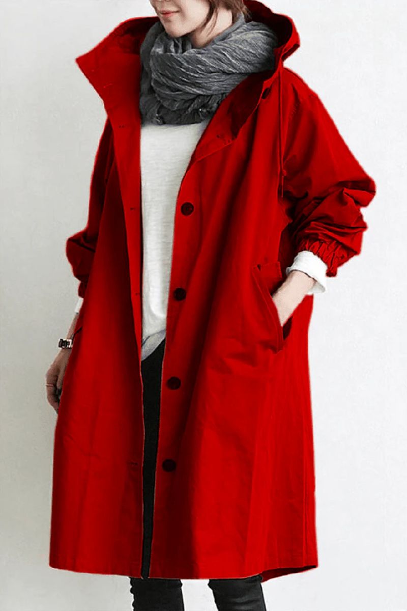 Emma’s lange regenjas voor dames in rood, waterdicht met capuchon